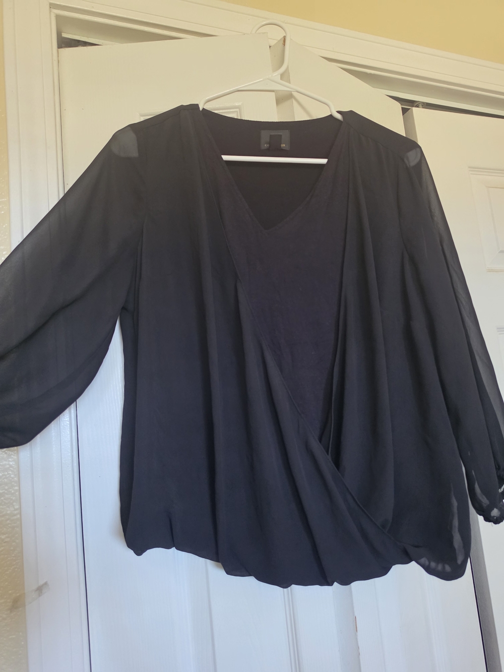 JM Collection Black Sheer Draped V-Neck Blouse